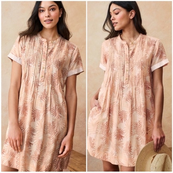 Faherty Linen Gemina Shift Dress Blue Blush Pink Palm Print Short Sleeve Size S - Picture 3 of 16